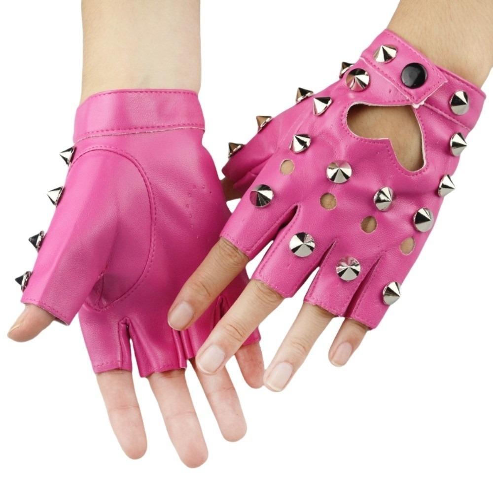 

PU Leather Rivet Gloves Leopard Print Patent Leather Gloves Motor Half-palm Gloves Girls рожевий червоний колір