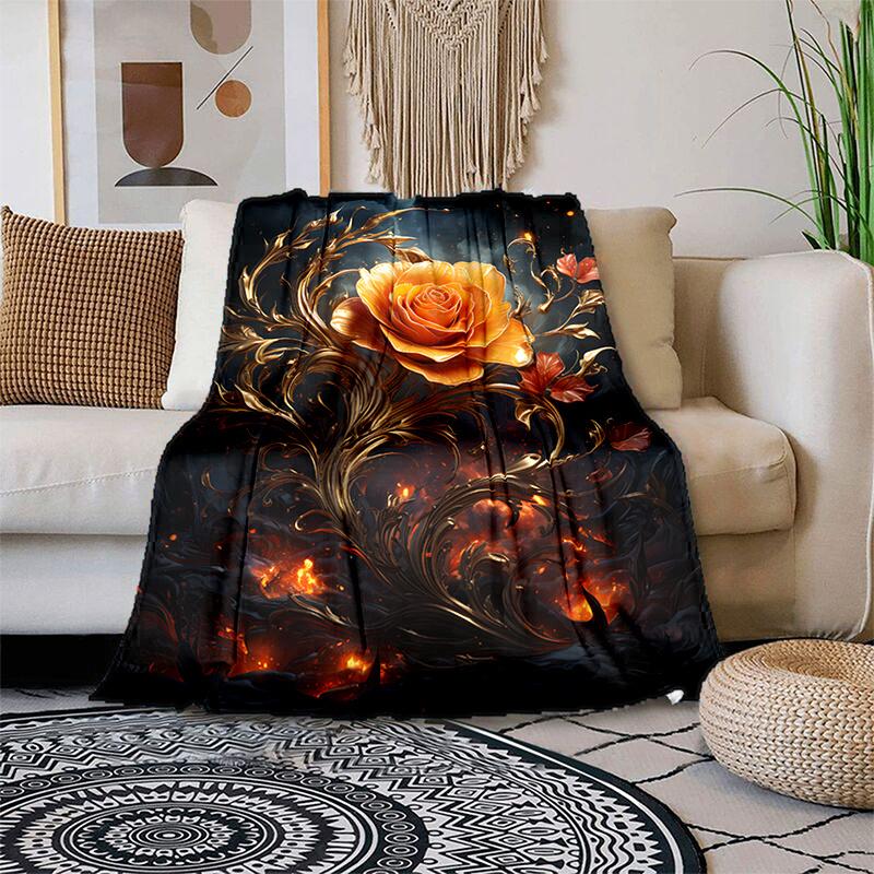 Golden Rose Flannel Blanket Elegant Leaf Print Throw for Sofa/Bed,Soft Fleece Gift for Women,Home Decor & Cozy Travel Essential