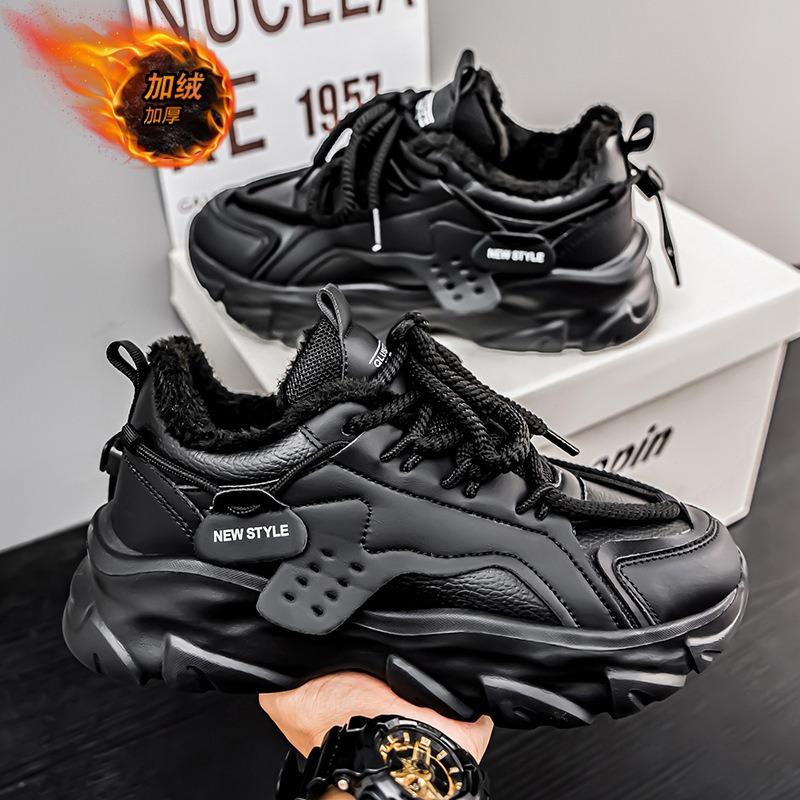 Men's shoes winter leather surface velvet warm cotton shoes casual sports shoes running thick sole heightening black old