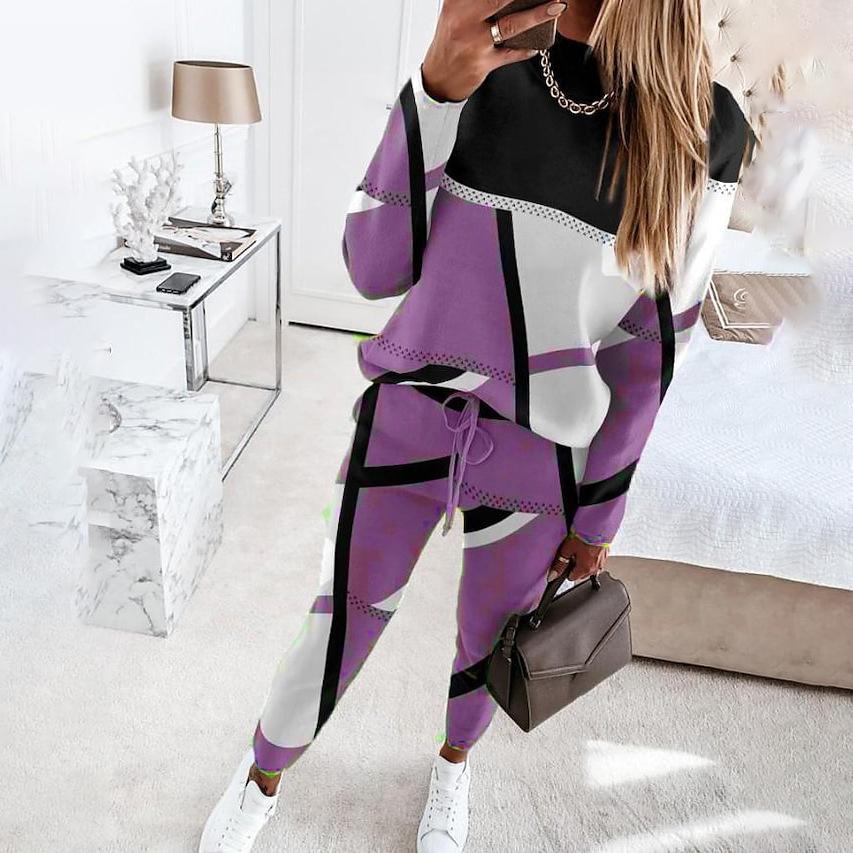 Contrast Piping Top & Drawstring Pants Set Women 2pcs Clothes Set Autumn Winter Sweatshirt Sweatpants