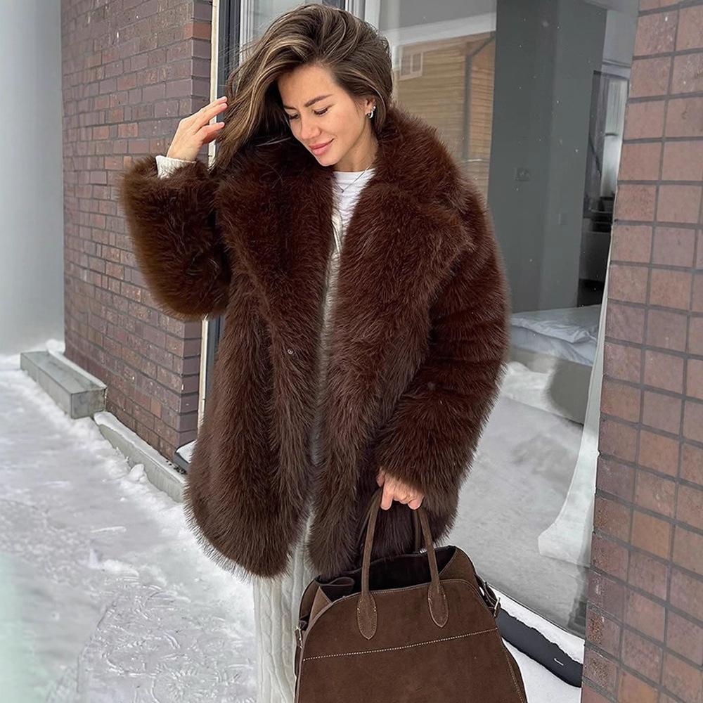 Autumn and winter warm fox fur coat brown retro imitation fur coat suit collar versatile plush coat women