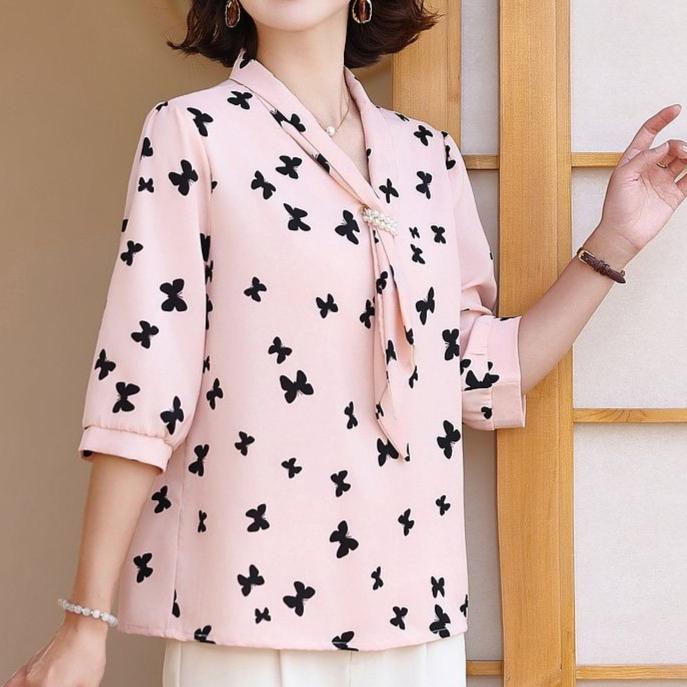 Women Blouse Chiffon Shirt Butterfly Three-quarter Sleeves Spring Summer Clothes Top Long Sleeve Women's Shirt Blusas Ropa De Mujer