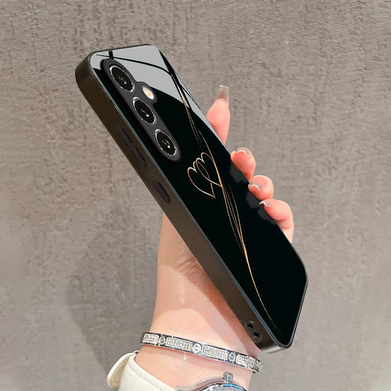 Goldenes herzförmiges Muster Glas Handyhülle geeignet für Samsung Galaxy S26 S25 S24 S23 S22 S20 FE Ultra Plus5G Anti-Drop