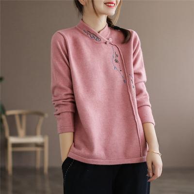 Maglietta da donna vintage in stile etnico cinese con ricami, elegante, spessa, autunno inverno, moda, colletto alto, manica lunga, pullover