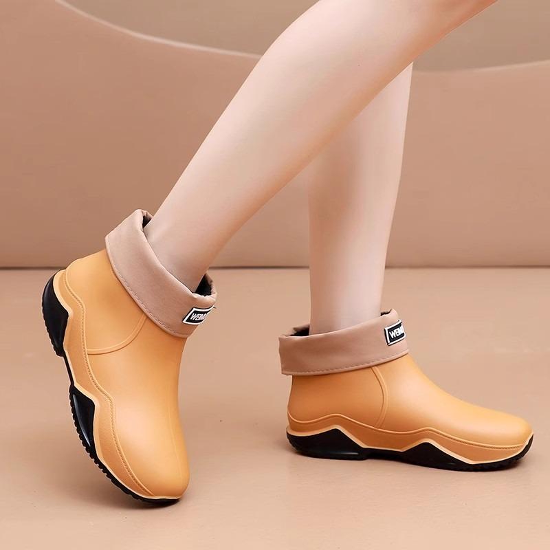 Rain shoes female adult fashion outer wear short tube couple rain boots warm flat waterproof kitchen work car wash rubber shoes male