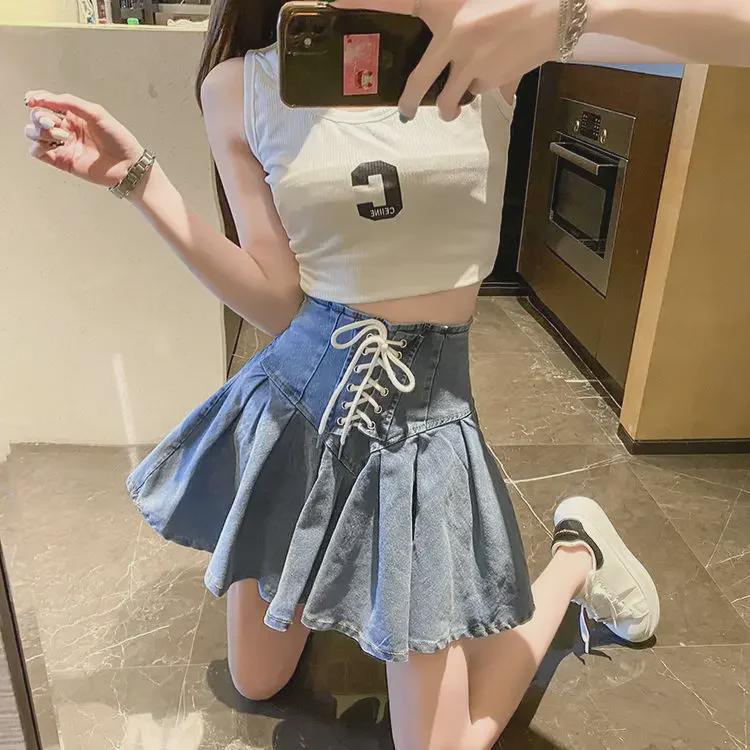 2024 Summer Slim A-Line Denim Pleated Skirt for Students