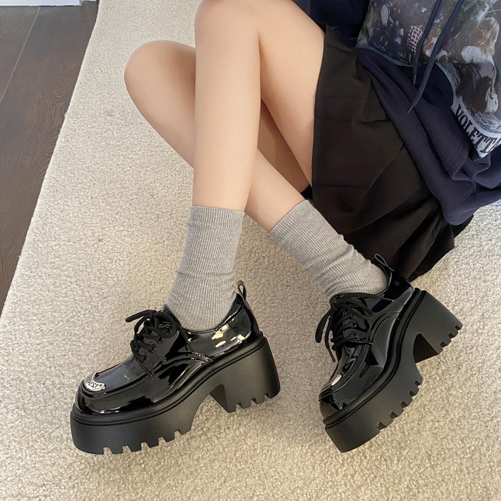 Shoe Shoes for Women Loafers High Sense  Commuting Leather Round Head Shoes Black Thick Soled Casual Leather Shoes