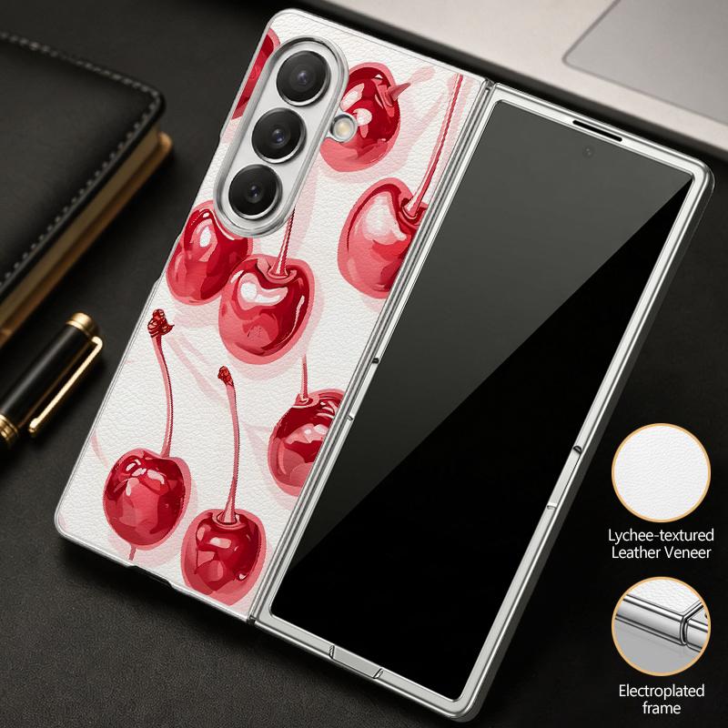 Polka Dot Cherry Print Case For Samsung Z Flip 8 7 6 5 Luxury Plating Leather Skin Folding Phone Cover For Galaxy Z Flip8 Flip7 Flip6