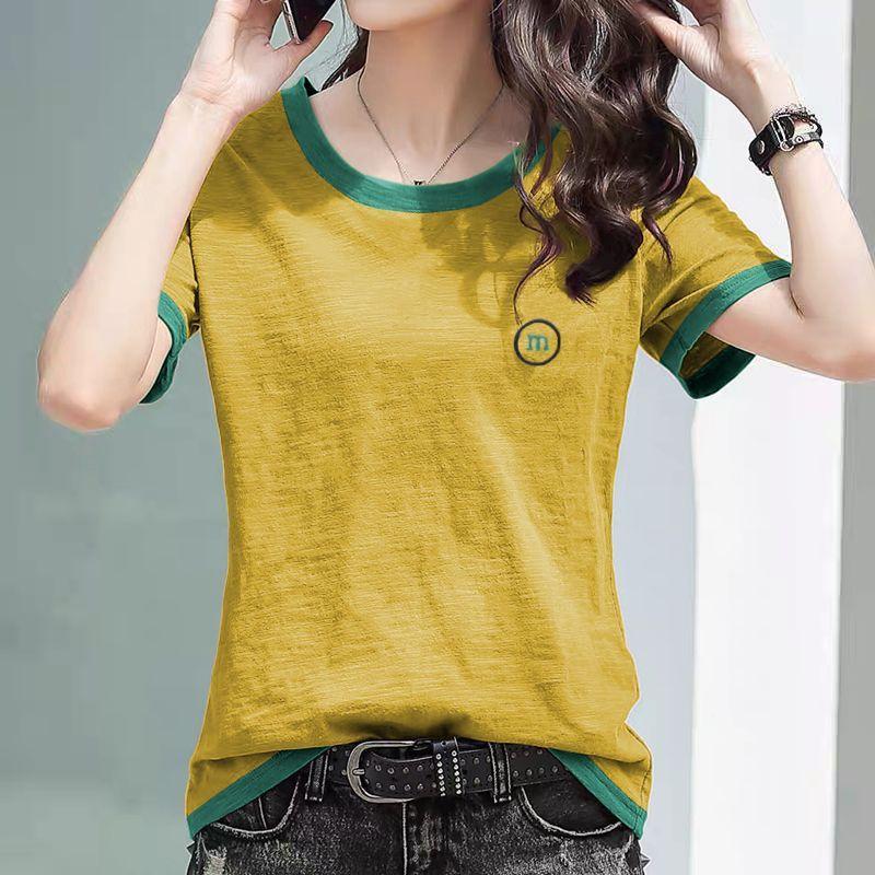 

Dopamine Wear Color Short Sleeve Summer New Bamboo Cotton Loose Embroidered Top Skinny Large Size Ladies XL жёлтый