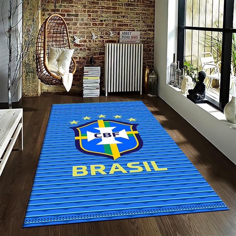 Blue Carpet with Brazil CBF Shield Design and Gold Stars Decor Suitable for use as an anti-slip for living room bedroom sofas