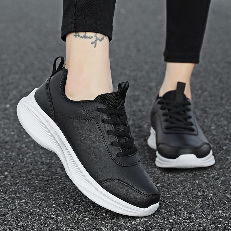 Women PU Leather Running Sneaker Lace-up Sport Light Comfortable Breathable Black Winter Walking Shoes Size 35-43