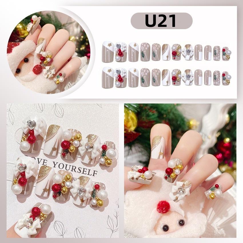 White Blue Color 3D Rabbit Star Rhinestone Designs-Full Cover Acrylic False Nails for Women and Girls Detachable Long Fake Nails
