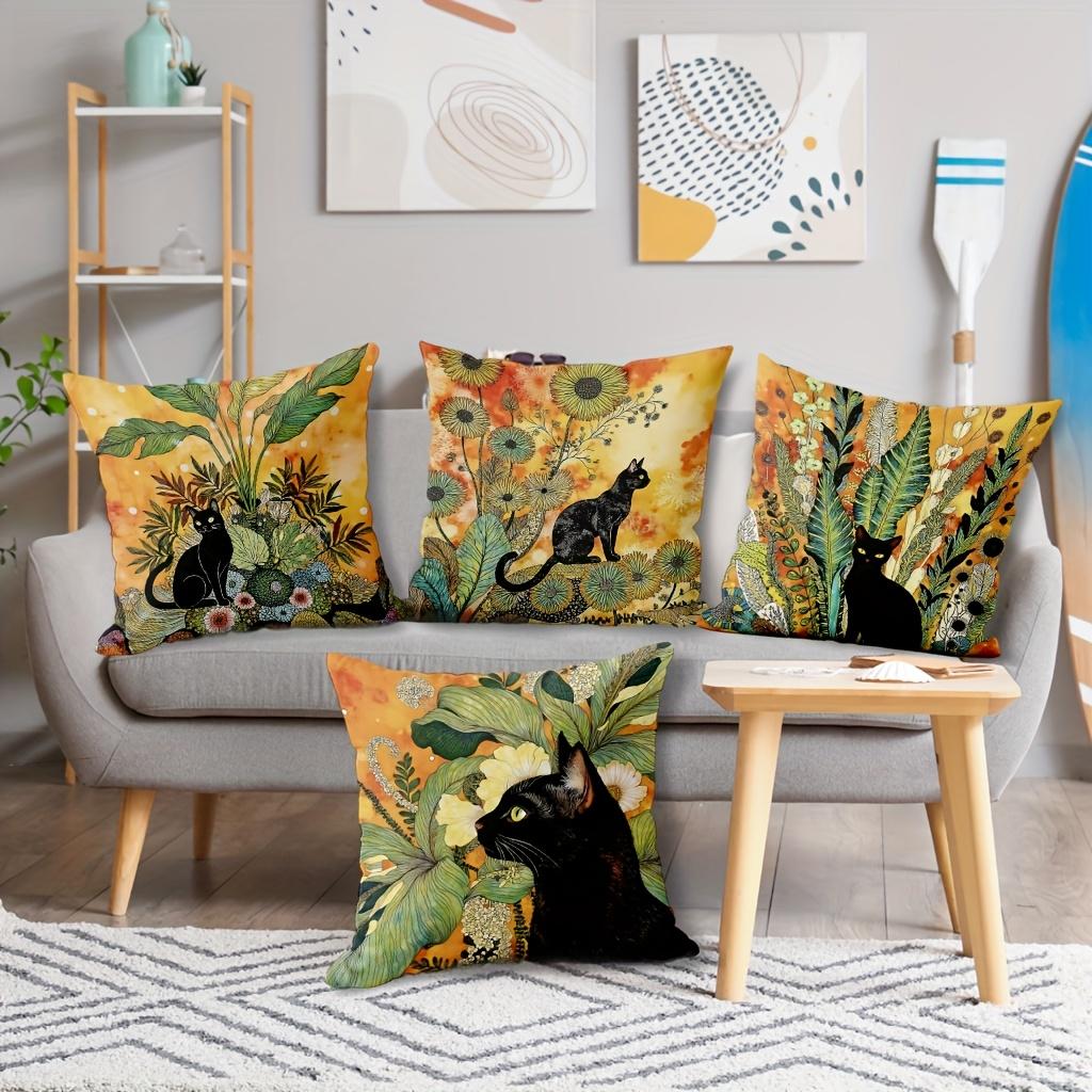 1/4pcs Black Cat & Floral Leaf Print Pillowcases Sofa cushion cover home bedroom room decoration