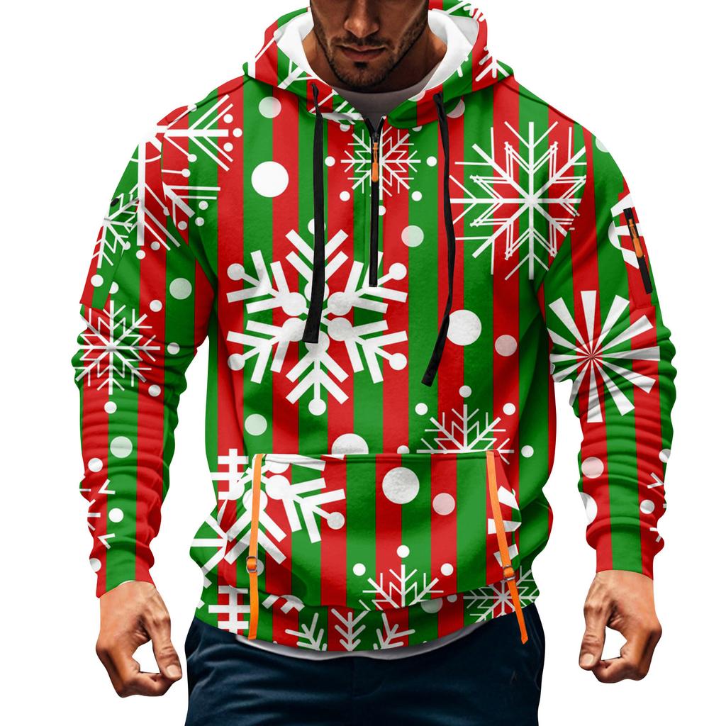 Sudadera deportiva casual de media cremallera con capucha y estampado navideño para hombre