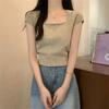 French Sweet and Spicy Short-sleeved Women's Summer New Pure Desire Style Slim-fitting Knitted T-shirt Slim Square Collar Student Top