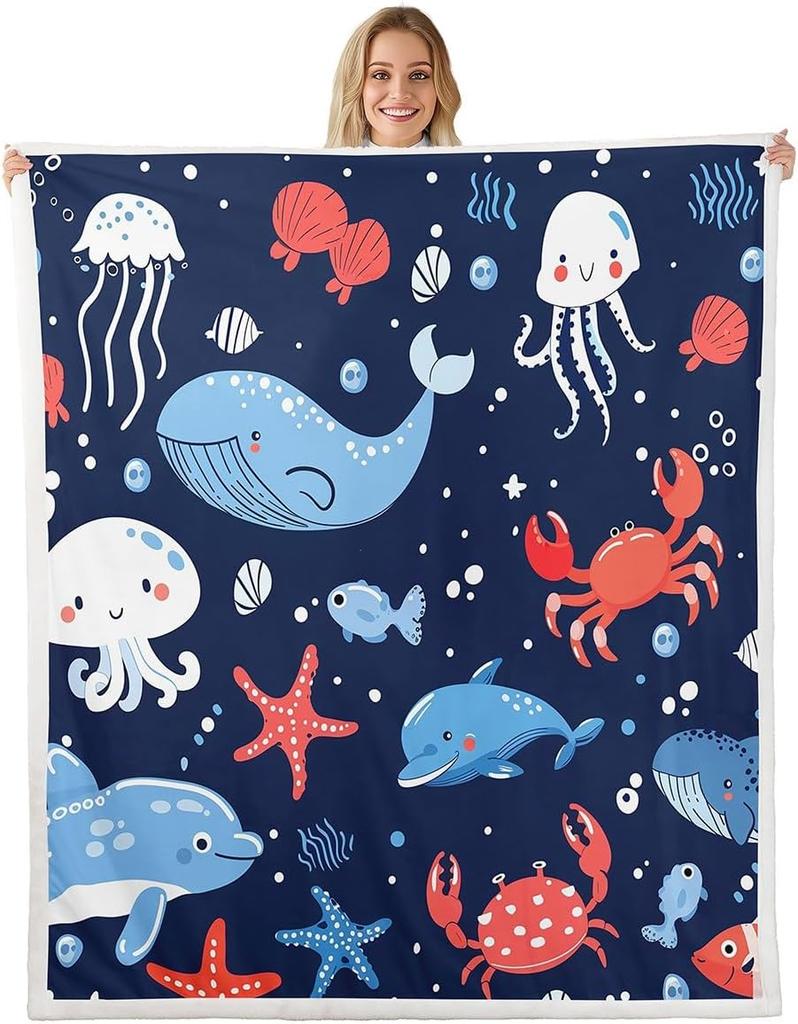 Red Lobster Pattern Blanket Soft Fleece Throw Seafood Theme Decor Fun Gift for Kitchen Living Room Bedroom