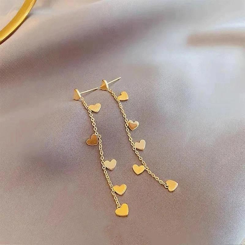 18K Gold Plated Stainless Steel Fashion Upscale  Sweet Cute Long Tassel Dangle Love Heart Drop Earrings for Women Gift