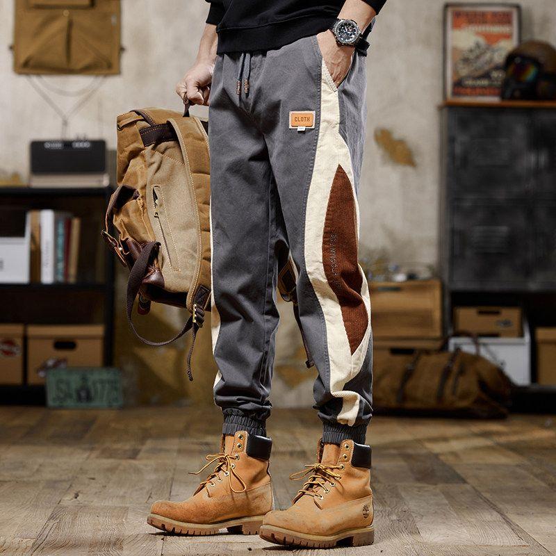 Foreign Trade Surplus American-Style Color-Blocked Casual Pants for Men, Spring and Autumn Loose Elastic Jogger Pants, Vintage Workwear Long Pants