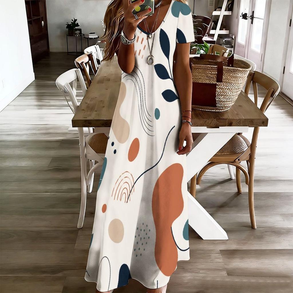 Women Plus Size V Neck Short Sleeve Abstract Printed Straight Maxi Dress