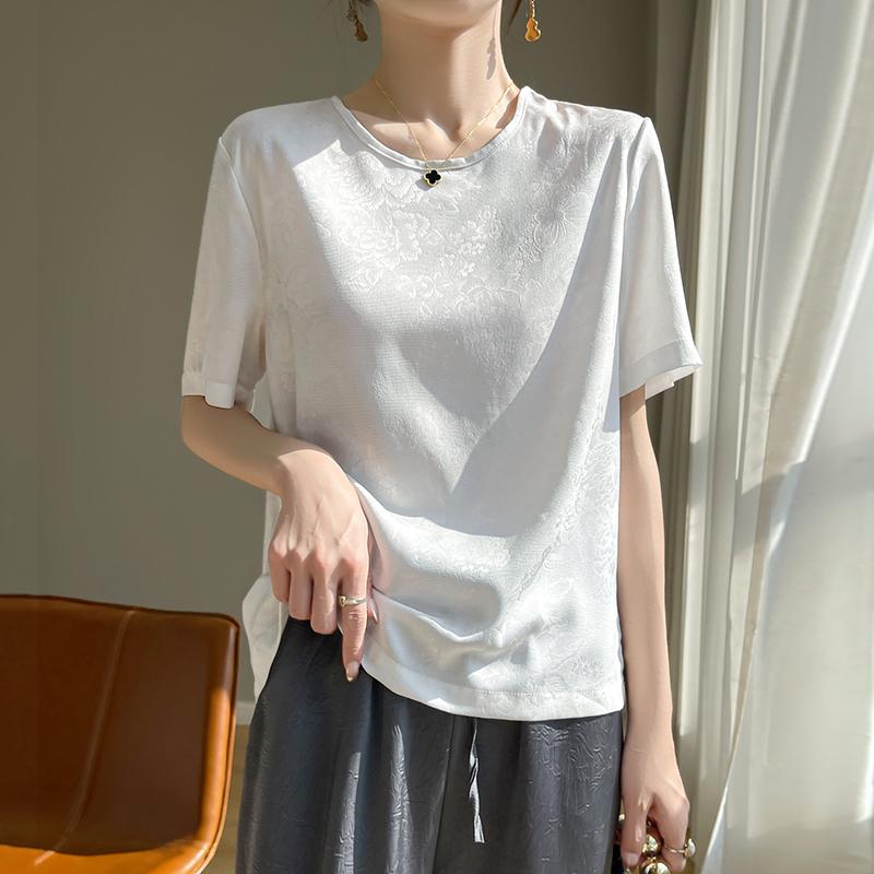 

Женская футболка с короткими рукавами, новая летняя, из смеси шелка тутового шелкопряда, 50% шелка, 50% полиэстера, дышащий тонкий топ, повседневный L белый