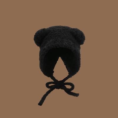 Cute Y2k Bear Ear Wool Hat With Rope Warm Beanies Cap Ear Protection Lace Up Knitted Bomber Cap