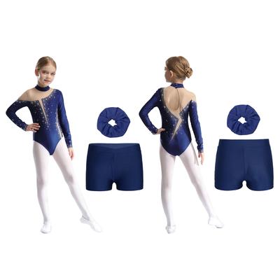 Girls Figure Skating Dance Set Long Sleeve Keyhole Back Sheer Mesh Patchwork Sparkly Rhinestones Leotard Shorts Hair Band
