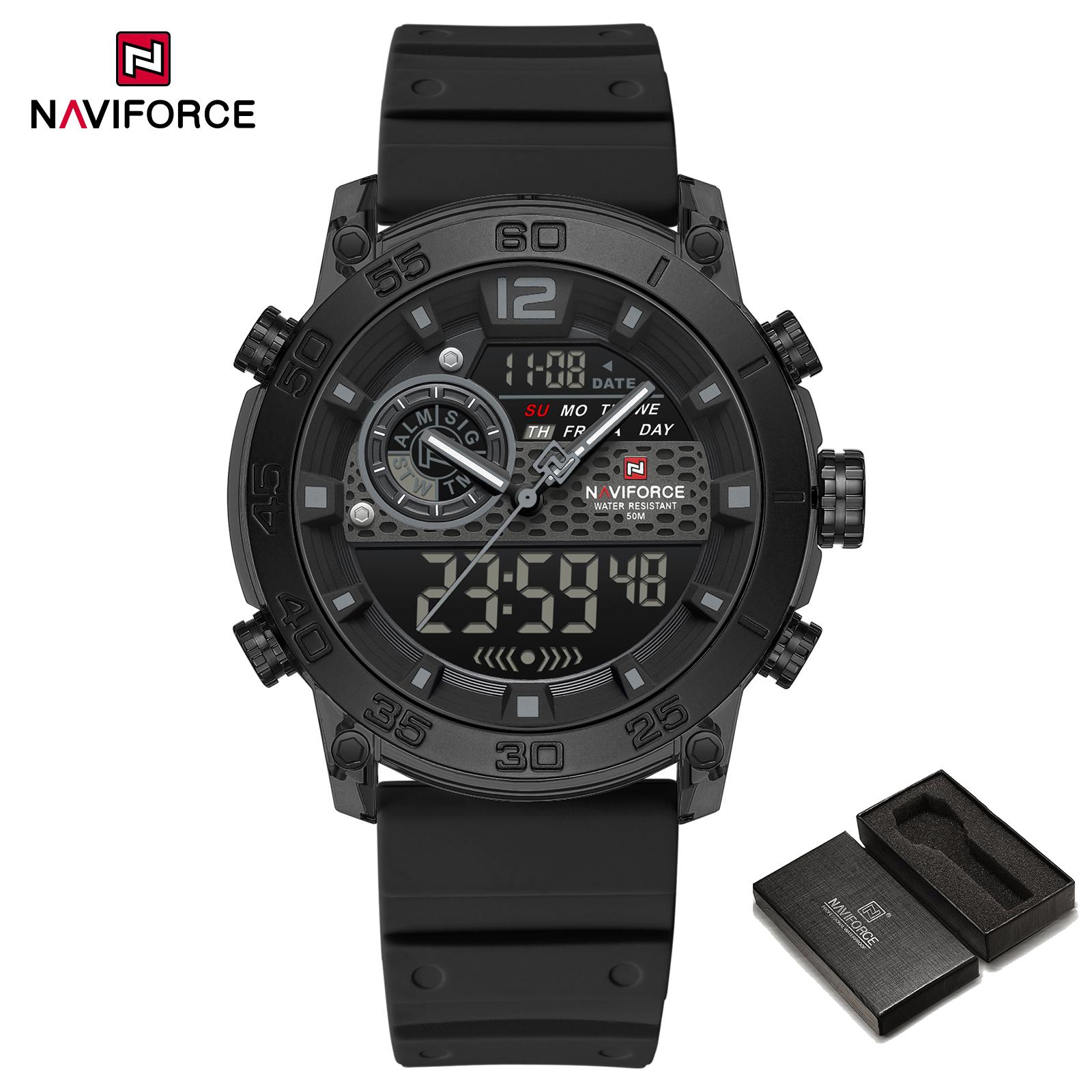 

NAVIFORCE Men s Sports Watch Quartz Movement LCD Digital Watch Date Day Chronograph Waterproof Silicone Strap Boys Multifunctional Watch NF6104 чёрный