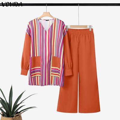 Oversized Women V-Neck Long Sleeve Striped Print Stitching Tops and Straight Pants Sets