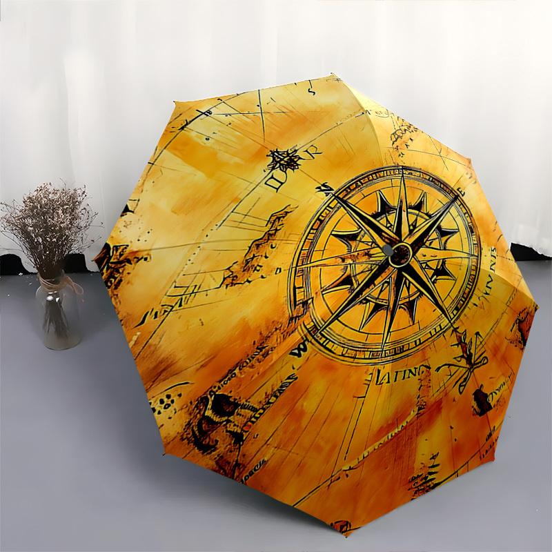 Compass Map Themed Automatic Opening and Closing Umbrella, Brightly Colored 8-rib Portable Umbrella, Suitable for Men and Women, A Perfect G