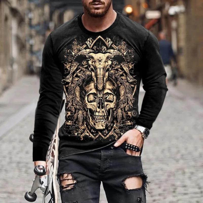 Round Neck 3D Skull Printed Top Fashionable Long Sleeved Men's T-shirts - Soft Medium Stretch Polyester Fabric Spring and Autumn Relaxed Fit Clothing