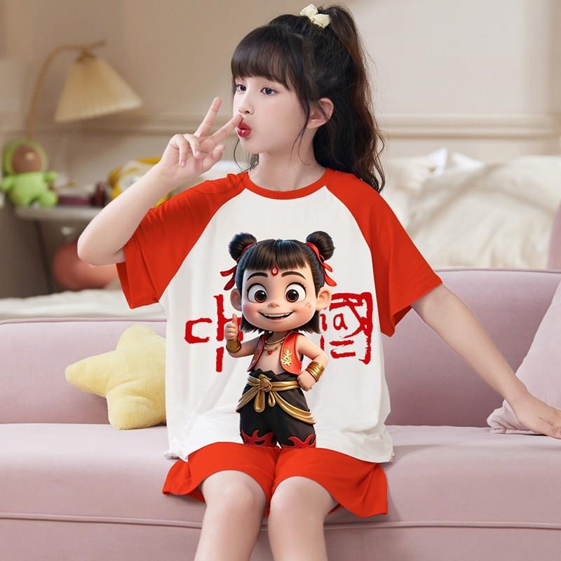 Girls Modal Cotton Pajama Set Short Sleeve Lightweight Sleepwear Cartoon Print Home Outfit Kids