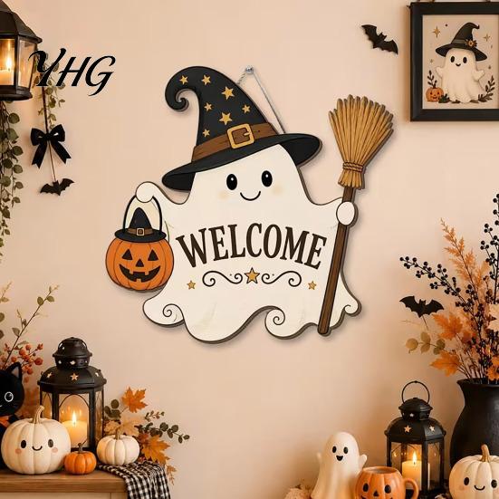 Entryway Wall Plaque Halloween Wooden Ghost Welcome Sign for Front Door, Rustic Cartoon Hanging Door Hanger with Pumpkin Wizard Hat And Broom Holiday