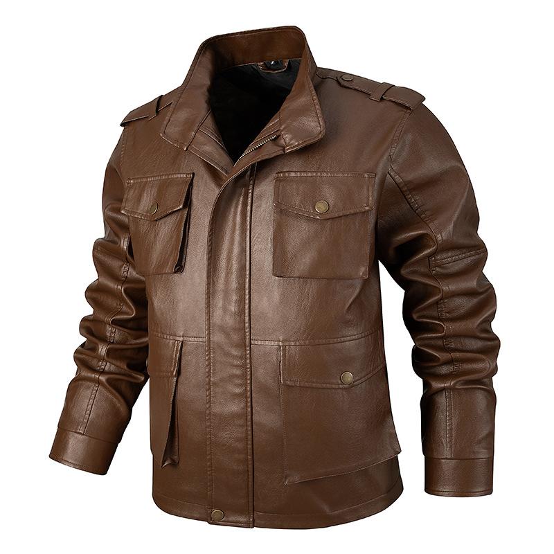 Leather jacket men's tooling multi-pocket trendy slim-fitting handsome youth spring and autumn thin motorcycle jacket