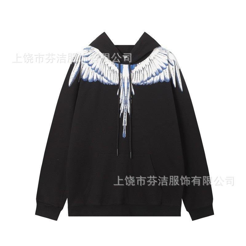 American street lightning wing print jacket men's and women's autumn and winter black loose shoulder heavy trendy hooded top