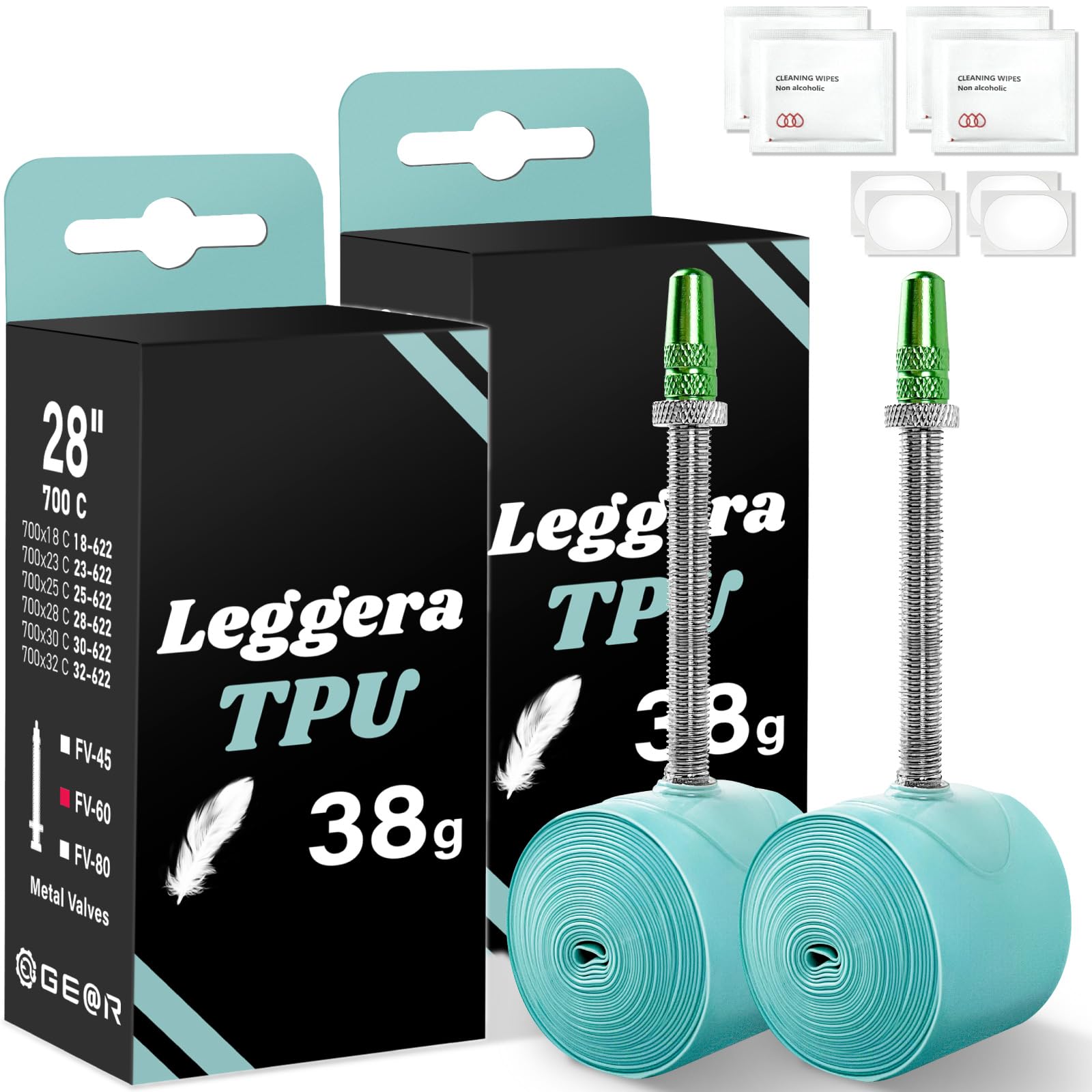 

GEARTL Ultra-Lightweight TPU Regera Inner Tubes, 700 x 18-32C, for Road Bikes, with Aluminum Valves, Presta 45/60/80mm (Set of 2 60mm Inner Tubes)