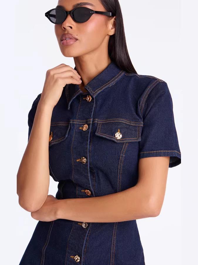 Women's Casual Short Sleeve Denim Dress with Lapel - Summer Style 89375