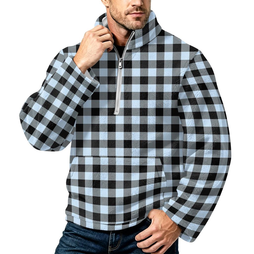 Men's Plaid Print Flannel Zip-Up Sweatshirt with Stand Collar, Fall Winter Casual Wear