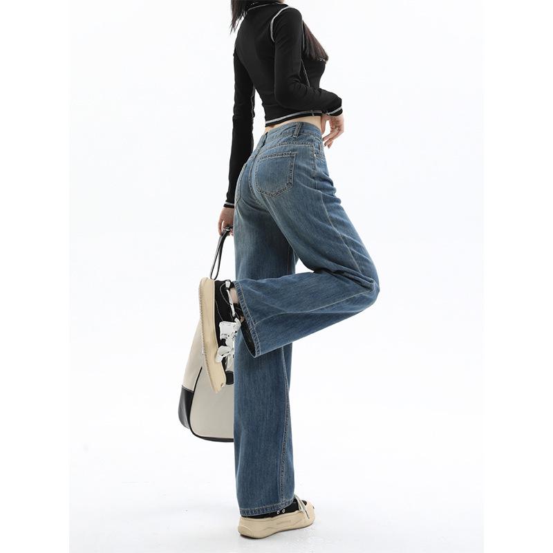 Women's Retro Blue Wide-Leg Fleece-Lined High-Waist Jeans - Plus Size, Floor-Length, Autumn/Winter 2024