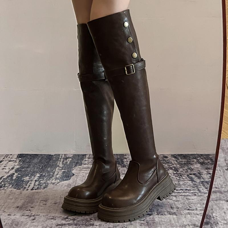 

Женские кожаные высокие сапоги на платформе, туфли на плоской подошве, высокие сапоги до колена, женская мода 2025 года, зимнее платье, готика, ретро, зимние сапоги Mujer Botas 39 коричневый