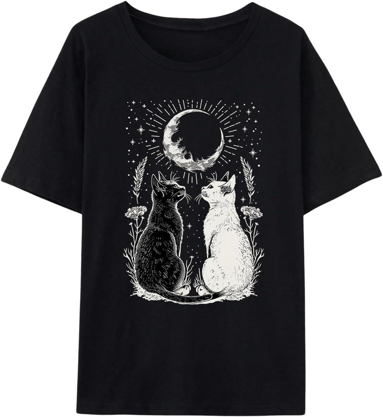 Verdusa Women s Gothic Cat Print Graphic Tees Round Neck Drop Shoulder T Shirt S