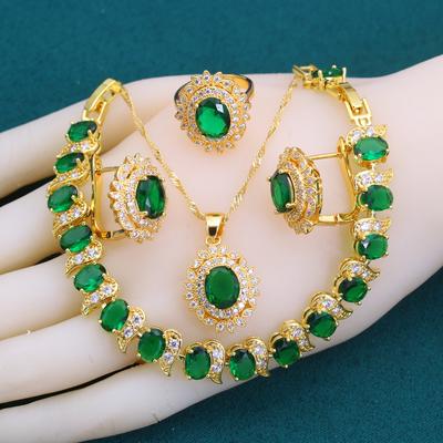 New Green Zirconia  Gold Plated  Jewelry Sets For Women Crystal Earrings Necklace Adjustable Ring Bracelet Wedding Gift