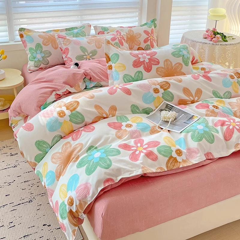 100% Cotton Bedding Set, Four Piece Sheet Set Comfort Set Girly Fresh Style Couple Bed Comforter Set