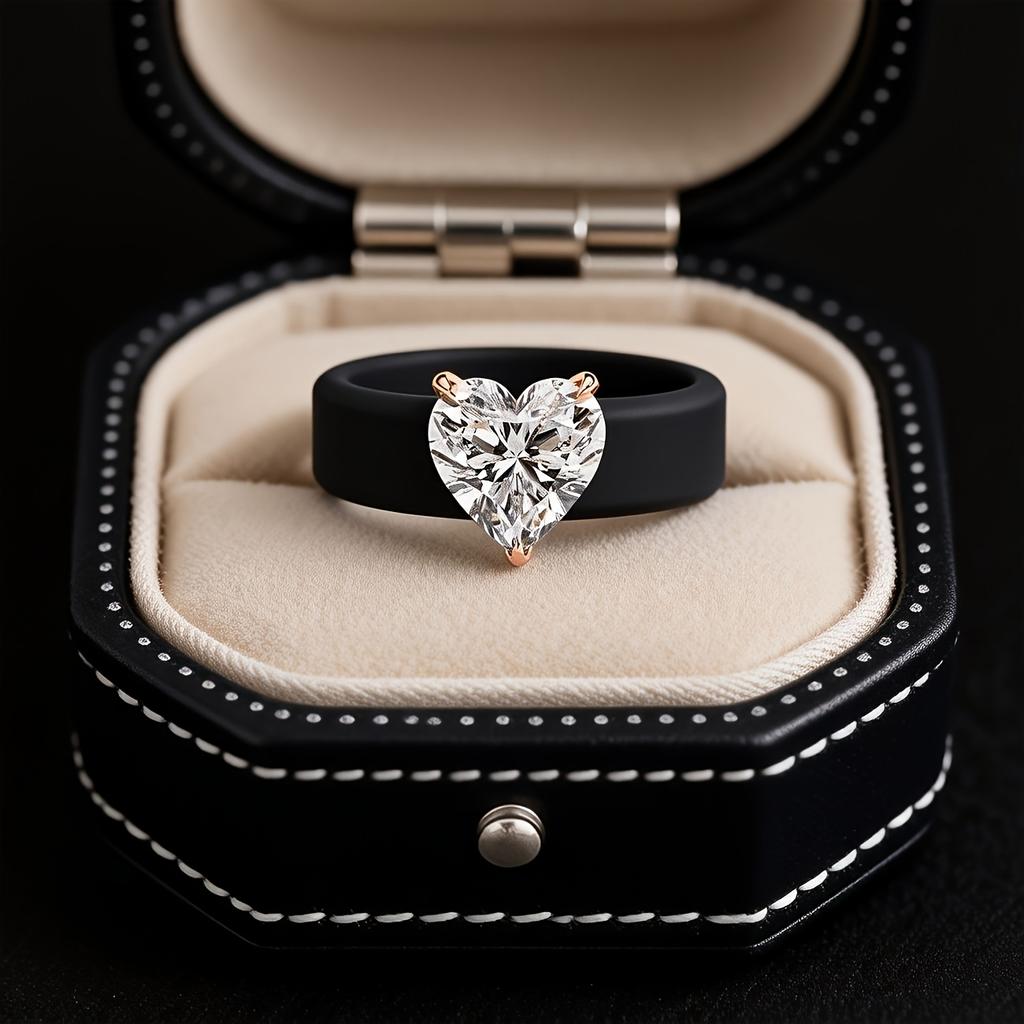 Cooles Schwarzes Silikonband mit großem Solitär-Herz-CZ, Leichter Kratzfester Stapelbarer Valentinstags-Jubiläumsgeschenk-Ring