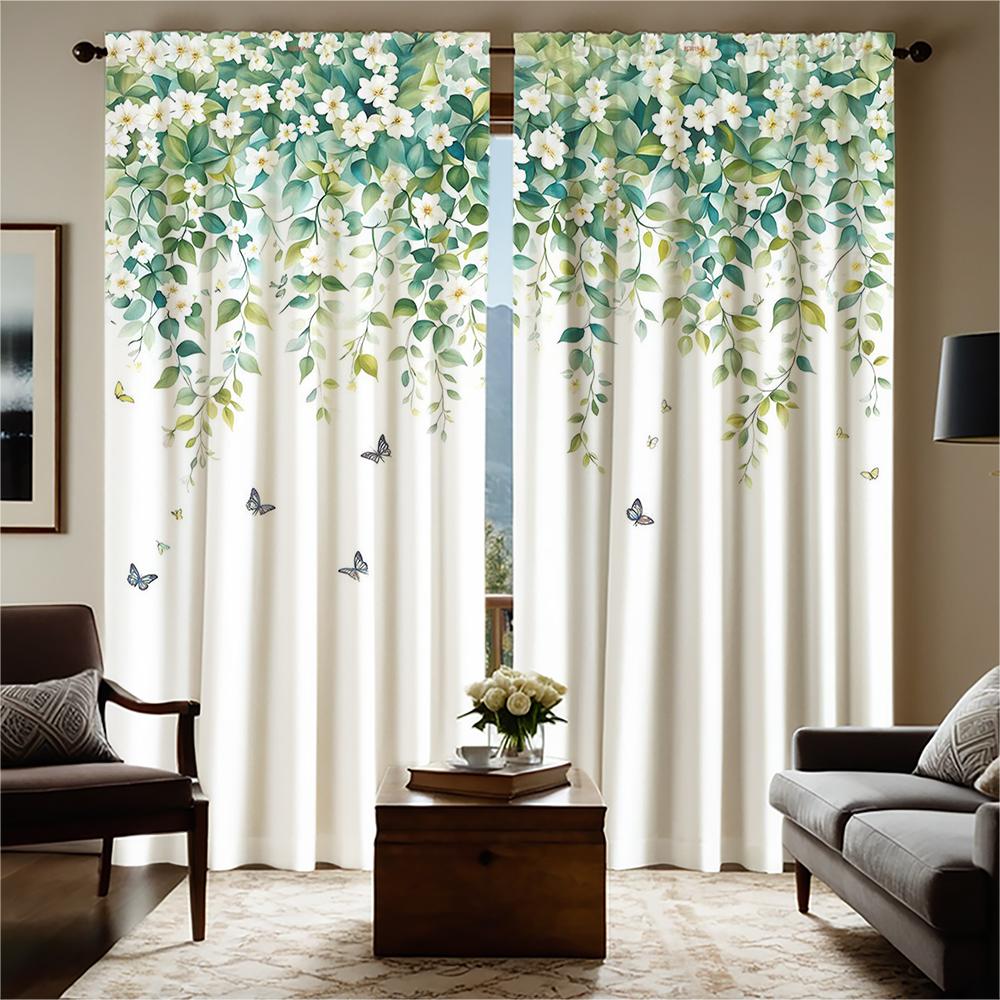 2-piece set of high-definition digital printed curtainWatercolor Green White Floral Leaves Butterflies Curtain ForCrossBorderHom