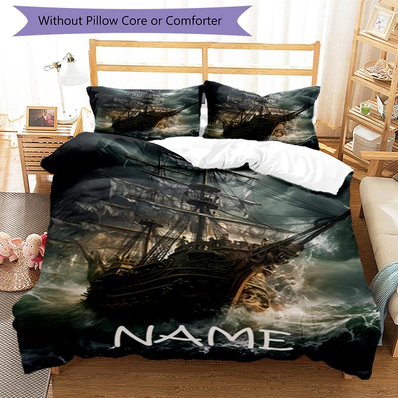 3pcs Custom Name Sailboat Bedding Set Duvet Cover Closure Includes 1 Duvet Cover & 2 Pillowcases, Soft and Comfortable for All Seasons.