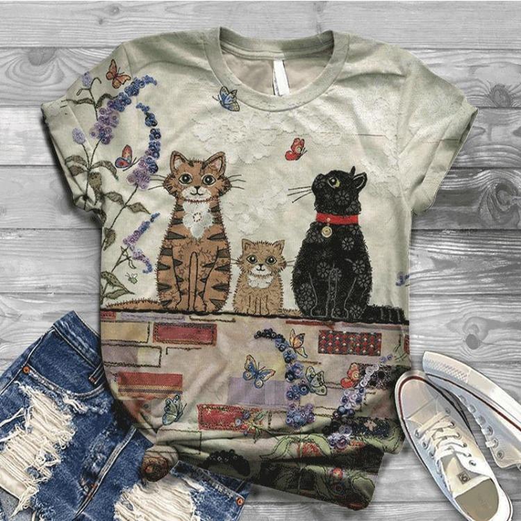 Women Summer Short Sleeve T-Shirt 3D Cat Printed O Neck Tops Digital Femme T Shirt