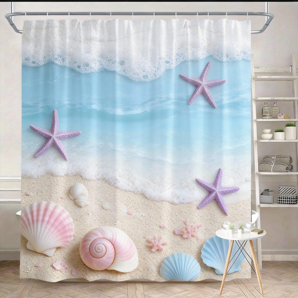 Beach Shower Curtain 180x180cm – Coastal Waves, Sandy Shore & Seashells in Neutral Tones, Ocean Bathroom Decor, 12 Hooks