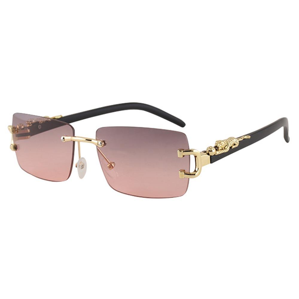 Leopard Decor Rectangular Sunglasses Metal Frame Cut-Edge Rimless Shades UV400 Protection Frameless Eyewear for Women & Men