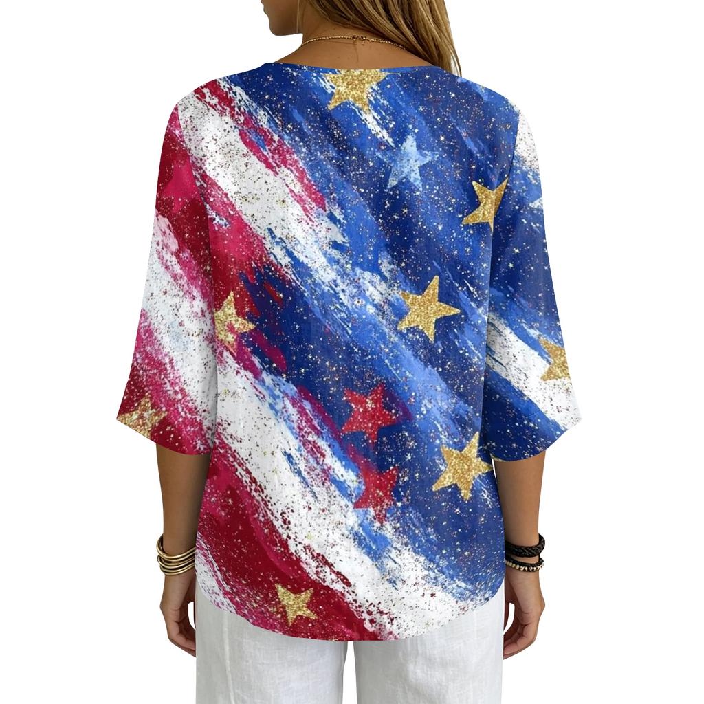 Women's Casual V-Neck Button Three-Quarter Sleeve Fourth of Print Pullover T-Shirt