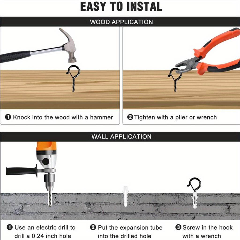 10pcs/box Black Hooks With Safety Buckle, Ceiling Screw Hooks For Hanging Outdoor String Lights, Hanging Plants